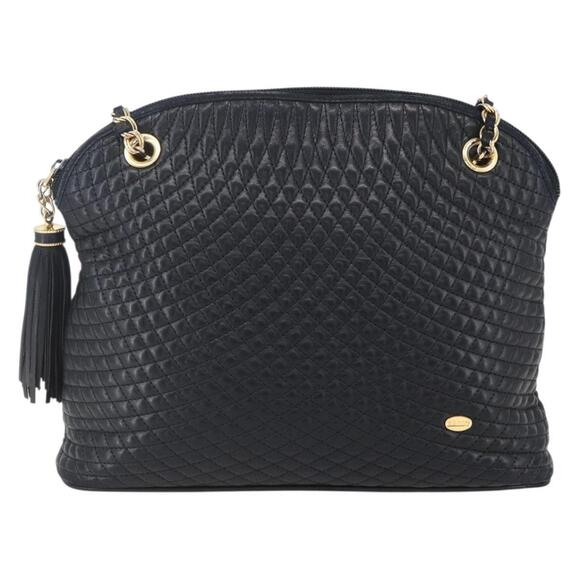 BALLY Quilted Chain Shoulder Bag Leather Black Gold Auth 151032